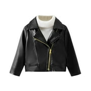 ATOGUTA Children Collar Motorcycle Faux Leather Coats Kids Bomber PU Soft Leather Jackets Black, Size 2T-7